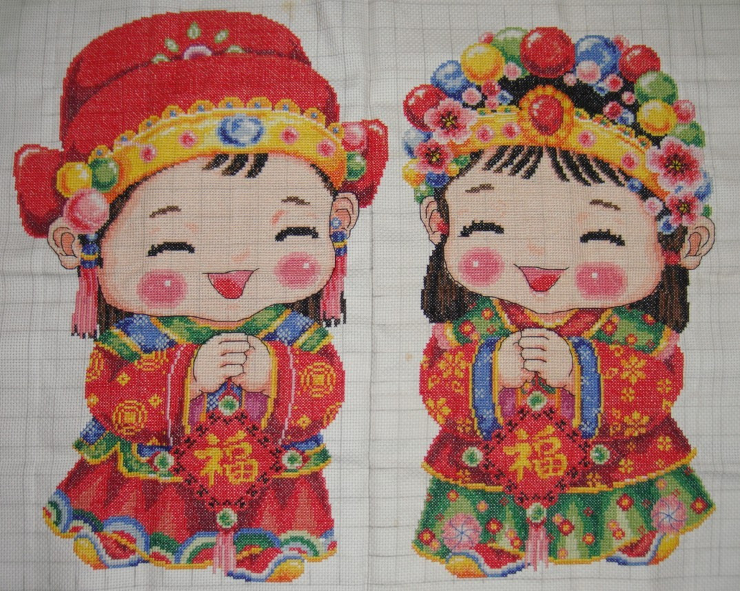 进口100%纯棉线十字绣成品 彩鲤戏莲> 金童玉女>